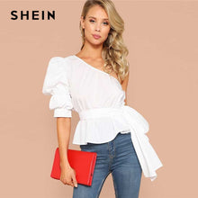 Load image into Gallery viewer, SHEIN Sexy One Shoulder Puff Sleeve Peplum Knot Belted Top Blouse Women Summer 2019 Solid Ruffle Elegant Party Blouses