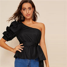 Load image into Gallery viewer, SHEIN Sexy One Shoulder Puff Sleeve Peplum Knot Belted Top Blouse Women Summer 2019 Solid Ruffle Elegant Party Blouses