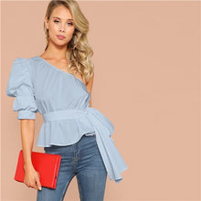 Load image into Gallery viewer, SHEIN Sexy One Shoulder Puff Sleeve Peplum Knot Belted Top Blouse Women Summer 2019 Solid Ruffle Elegant Party Blouses