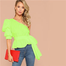 Load image into Gallery viewer, SHEIN Sexy One Shoulder Puff Sleeve Peplum Knot Belted Top Blouse Women Summer 2019 Solid Ruffle Elegant Party Blouses