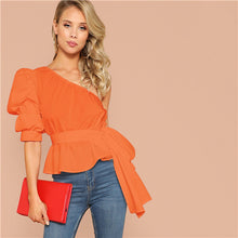 Load image into Gallery viewer, SHEIN Sexy One Shoulder Puff Sleeve Peplum Knot Belted Top Blouse Women Summer 2019 Solid Ruffle Elegant Party Blouses