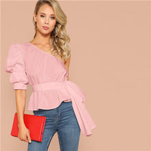 Load image into Gallery viewer, SHEIN Sexy One Shoulder Puff Sleeve Peplum Knot Belted Top Blouse Women Summer 2019 Solid Ruffle Elegant Party Blouses