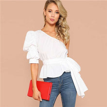Load image into Gallery viewer, SHEIN Sexy One Shoulder Puff Sleeve Peplum Knot Belted Top Blouse Women Summer 2019 Solid Ruffle Elegant Party Blouses