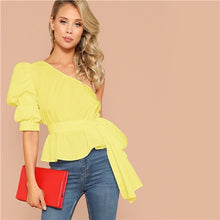 Load image into Gallery viewer, SHEIN Sexy One Shoulder Puff Sleeve Peplum Knot Belted Top Blouse Women Summer 2019 Solid Ruffle Elegant Party Blouses