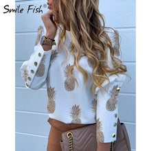 Load image into Gallery viewer, Buttons Puff Sleeve Shirts Letters Pineapple Chain Printed Top Women Autumn White Blouses Long Sleeve Spring Blusas Oversize 3XL