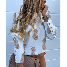 Load image into Gallery viewer, Buttons Puff Sleeve Shirts Letters Pineapple Chain Printed Top Women Autumn White Blouses Long Sleeve Spring Blusas Oversize 3XL