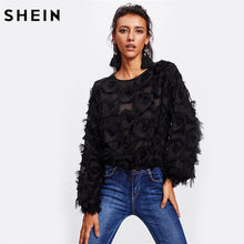 Load image into Gallery viewer, SHEIN Fringe Patch Mesh Top Sexy Autumn Womens Tops and Blouses Black Long Sleeve Round Neck Elegant Womens Tops