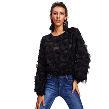 Load image into Gallery viewer, SHEIN Fringe Patch Mesh Top Sexy Autumn Womens Tops and Blouses Black Long Sleeve Round Neck Elegant Womens Tops