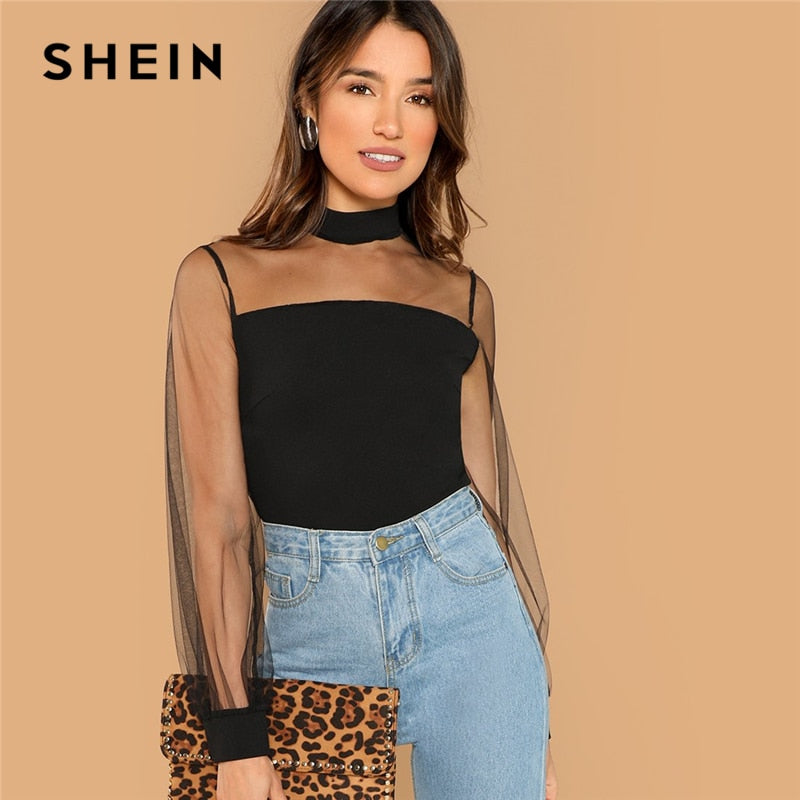 SHEIN Black Office Lady Solid Sheer Mesh Yoke Stand Collar Long Sleeve  Blouse Autumn Workwear Fashion Women Tops And Blouses