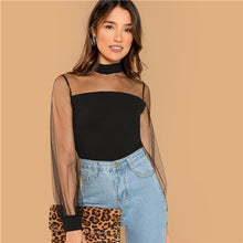 Load image into Gallery viewer, SHEIN Black Office Lady Solid Sheer Mesh Yoke Stand Collar Long Sleeve Blouse Autumn Workwear Fashion Women Tops And Blouses
