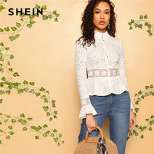 Load image into Gallery viewer, SHEIN White Guipure Lace Insert Embroidered Eyelet Peplum Top Blouse Women Long Sleeve Slim Fit Office Lady Boho Blouses