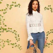 Load image into Gallery viewer, SHEIN White Guipure Lace Insert Embroidered Eyelet Peplum Top Blouse Women Long Sleeve Slim Fit Office Lady Boho Blouses